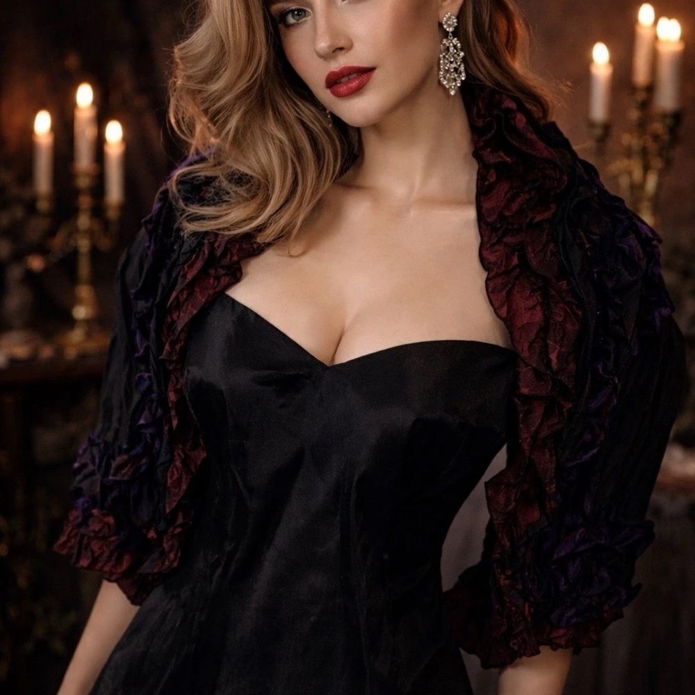 Pamela Dennis Strapless Silk Evening Top & Ruffled Shawl Set Valentines ❤️